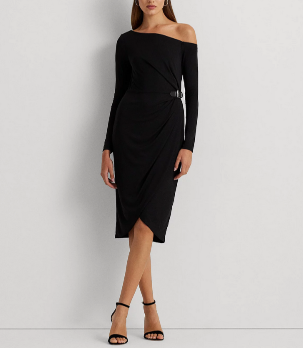 Lauren Ralph Lauren Buckle-Trim Jersey Off-The-Shoulder Dress MSRP $185