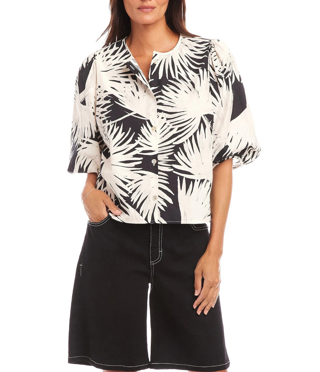 Karen Kane Palm Print Puff Sleeve Shirt MSRP $138