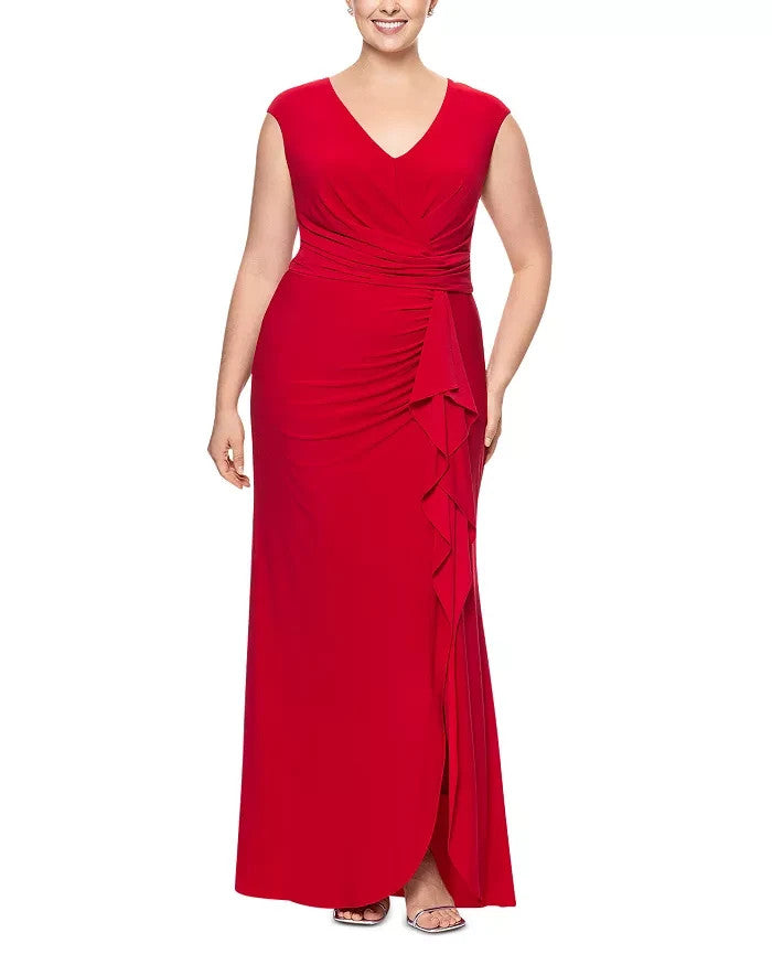 AQUA V-Neck Cascade Ruffle Gown