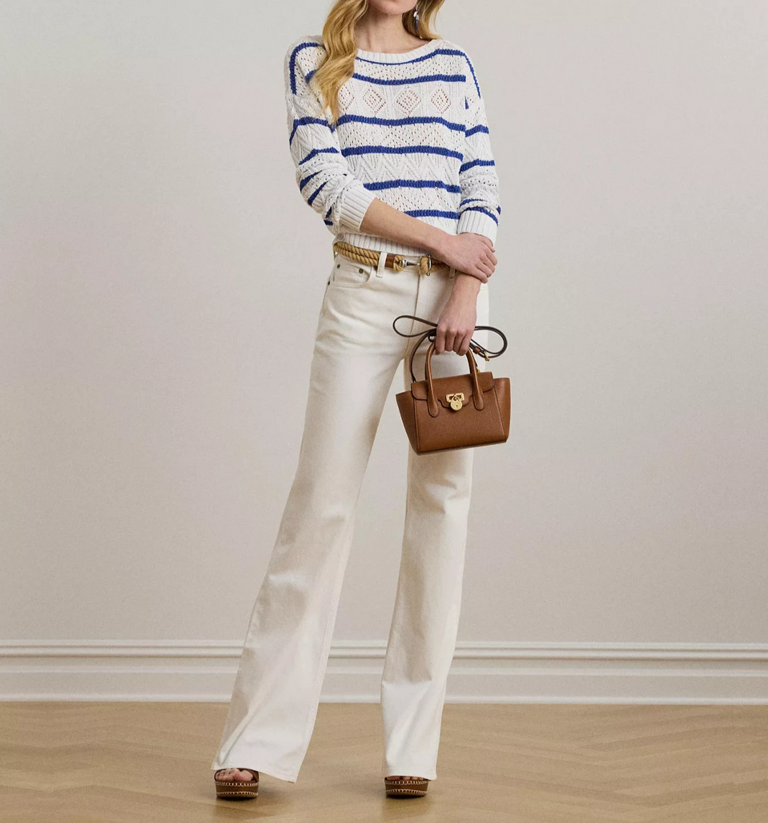 Lauren Ralph Lauren Striped Pointelle Cotton-Blend Sweater MSRP $195