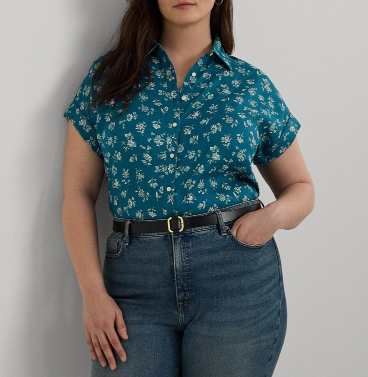 LAUREN Ralph Lauren Linen Cuffed Floral Shirt MSRP $115