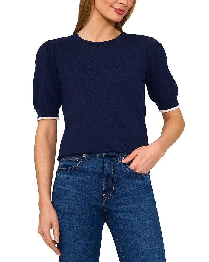 CeCe Tipped Puff Short Sleeve Sweater