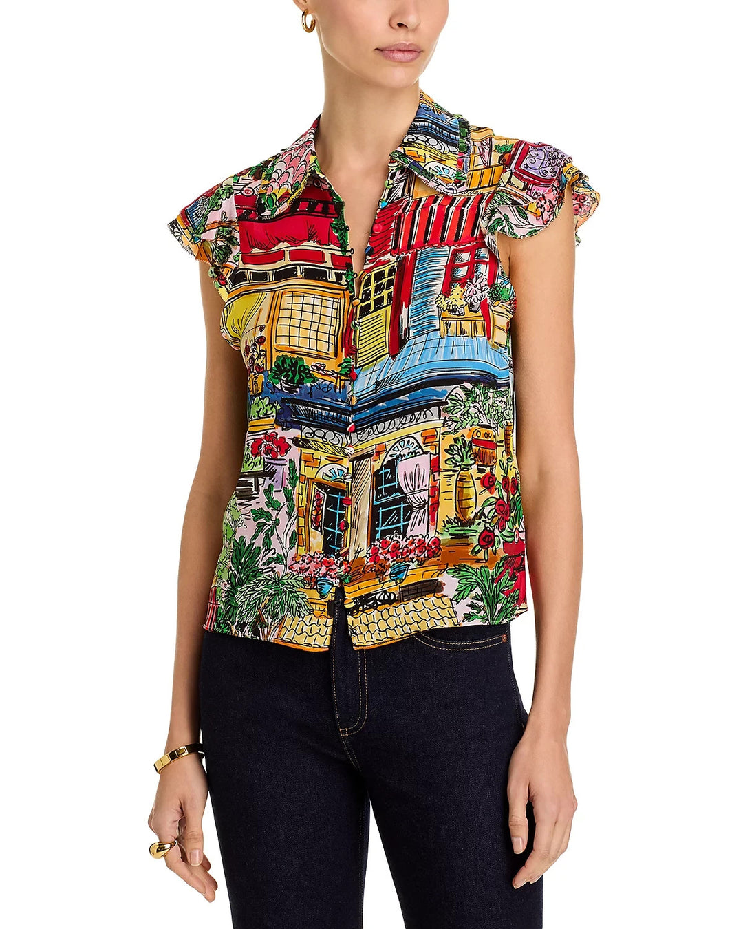 Alice and Olivia Martel Silk Flutter Sleeve Blouse MSRP $295
