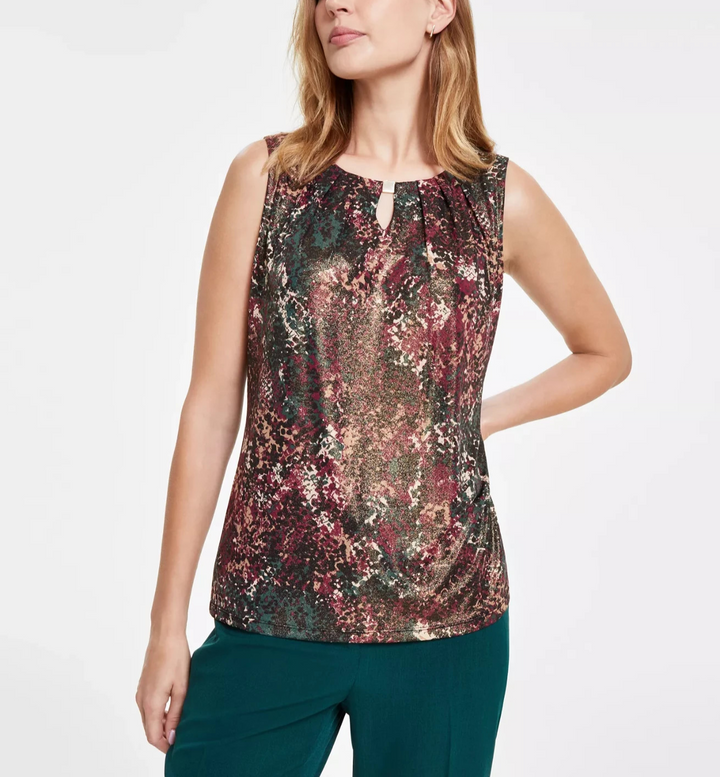 Kasper Petite Printed Keyhole Crewneck Sleeveless Top MSRP $49