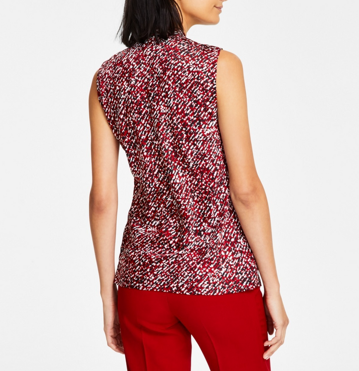 Kasper Women's Satin Printed Tie-Neck Sleeveless Blouse MSRP $59