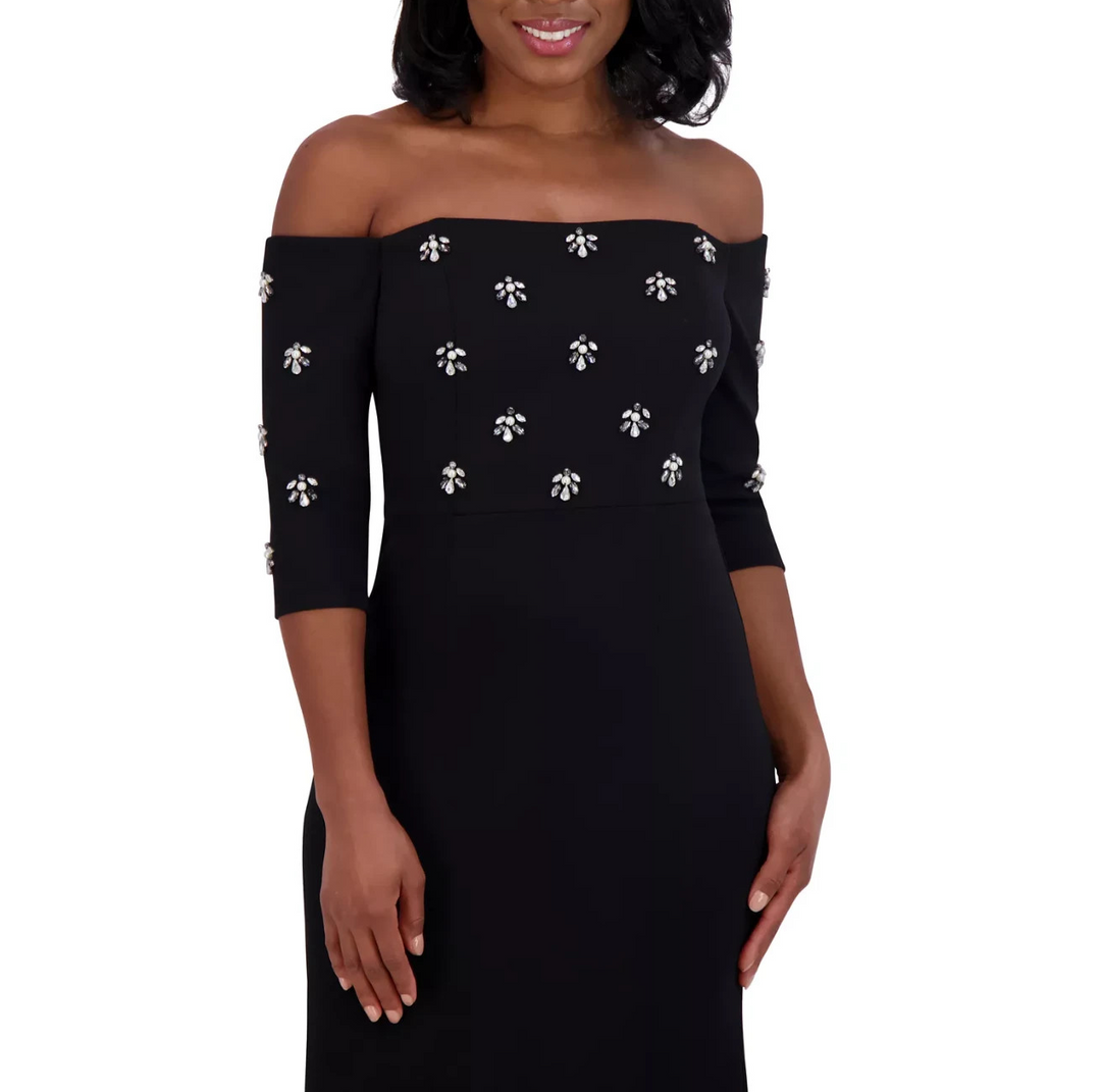 Eliza J Beaded 3/4-Sleeve Off-The-Shoulder Gown MSRP $208