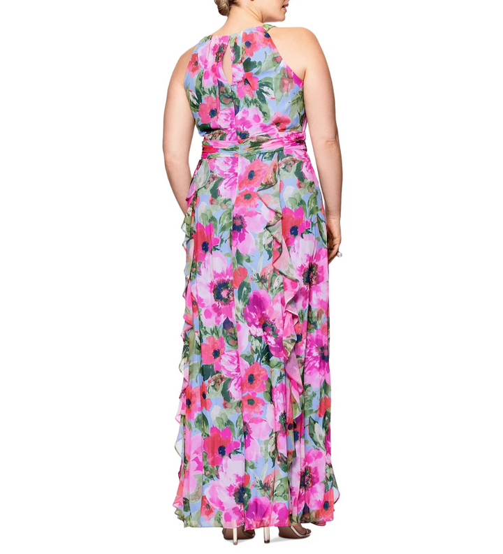 XSCAPE Plus Size Printed A-Line Ruffle-Skirt Dress MSRP $189