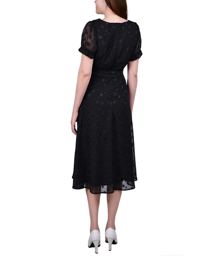 Ny Collection Petite Short Sleeve Belted Swiss Dot Dress MSRP $52