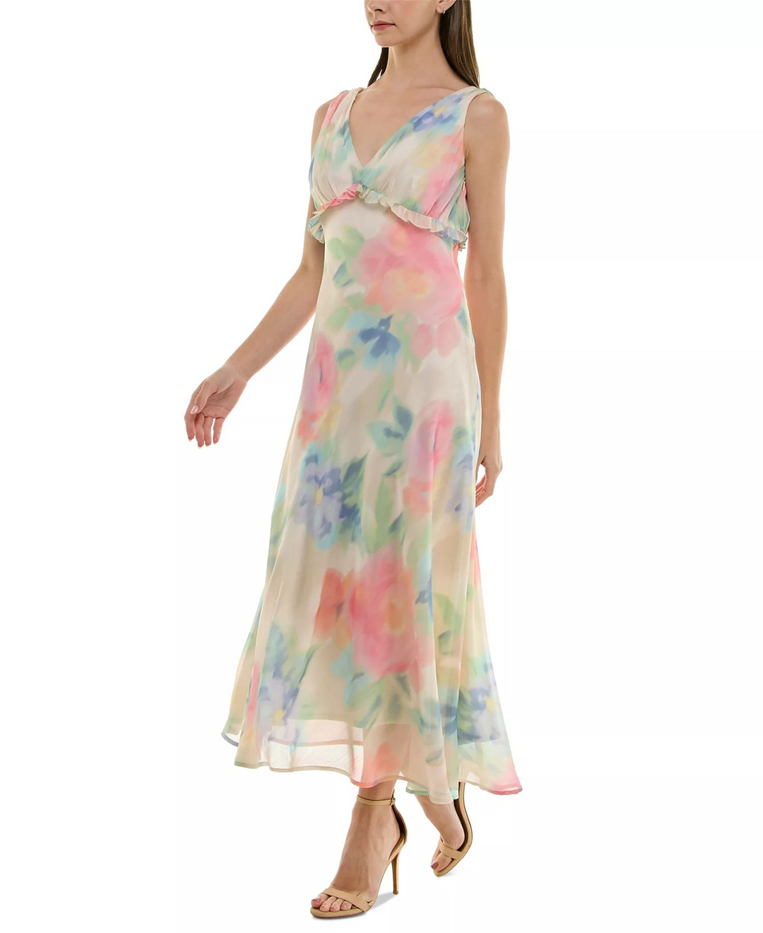 Taylor Women's Watercolor-Print Chiffon Ruffled Dress MSRP $128