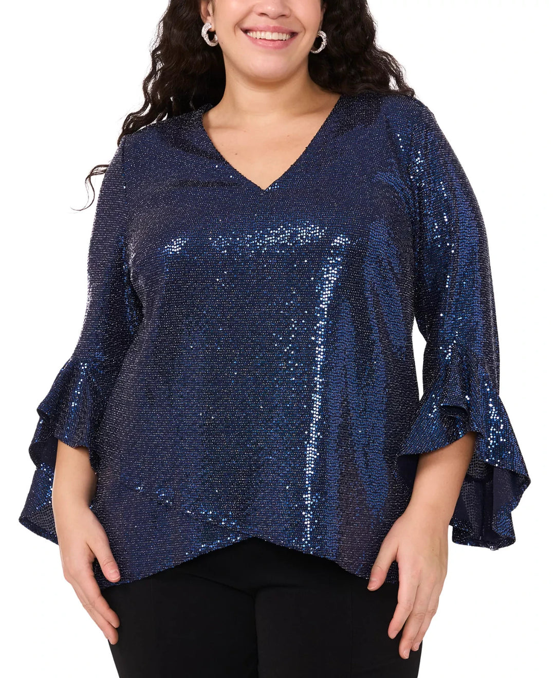 MSK V-Neck Bell-Sleeve Sequin-Knit Top Navy Size 1X MSRP $79