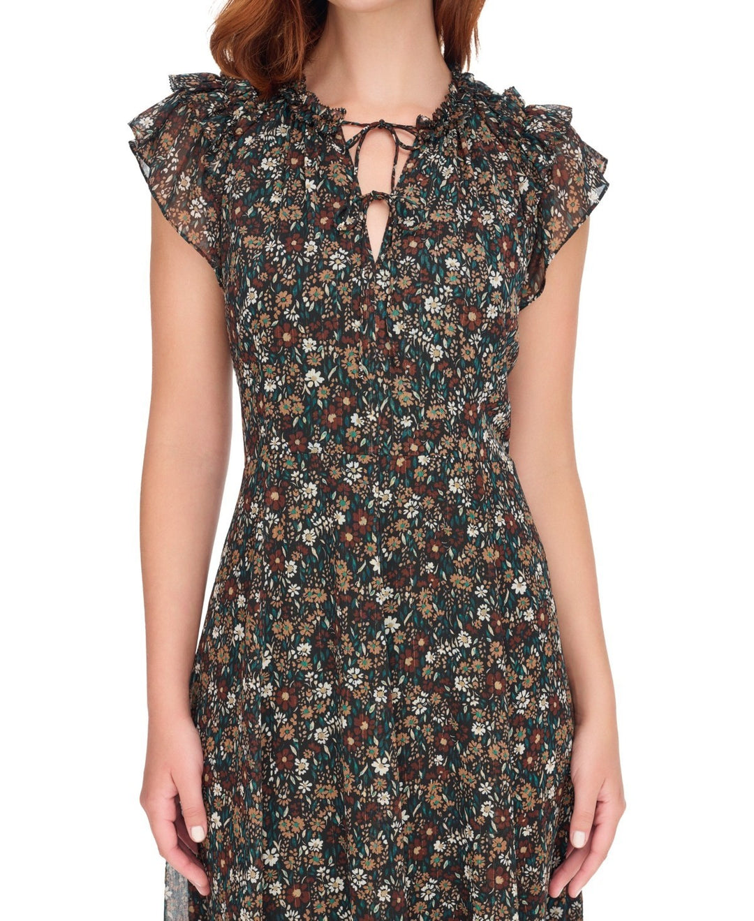 Tommy Hilfiger Tie-Neck Flutter-Sleeve MIDI Dress MSRP $ 129