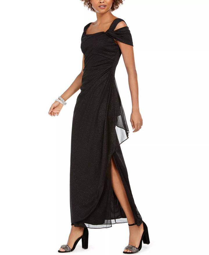 Alex Evenings Cold-Shoulder Draped Metallic Petite Gown MSRP $159