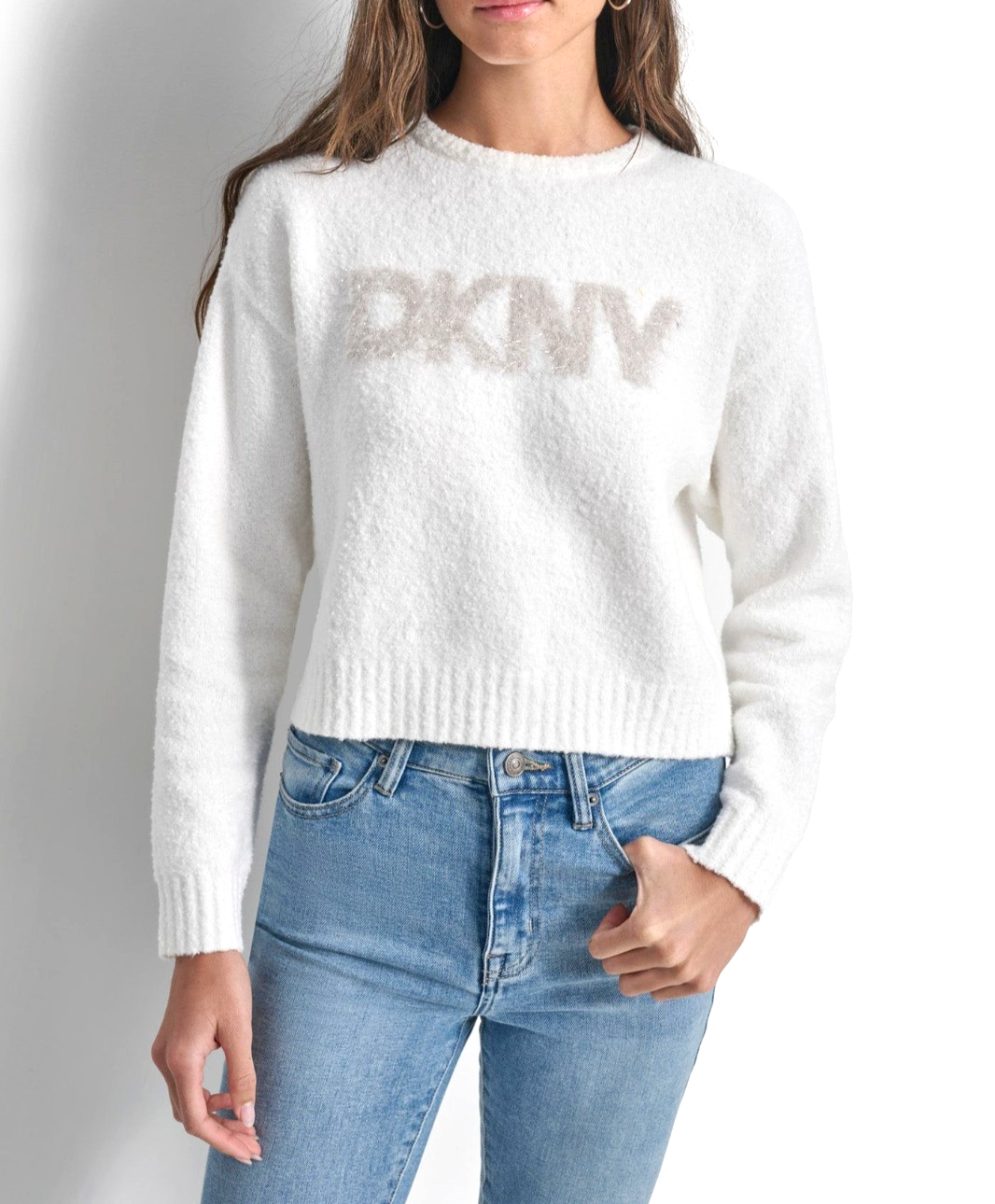 DKNY Jeans Women's Tinsel Logo Boucle Sweater MSRP $69