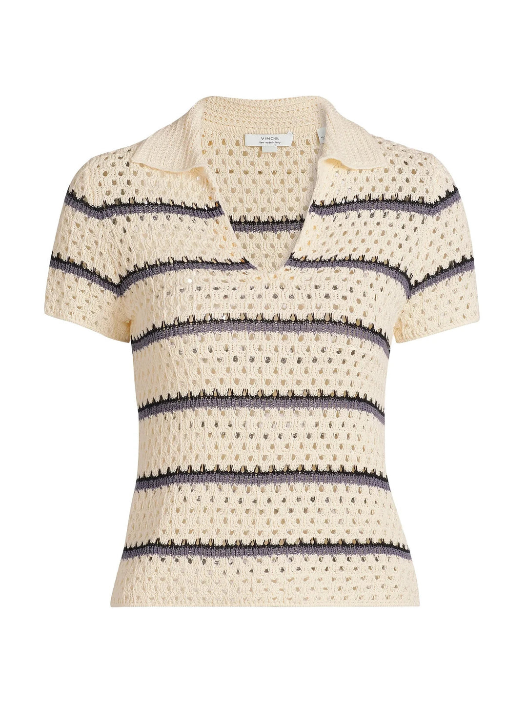 Vince Striped Macramé Open-Knit Polo Shirt MSRP $328