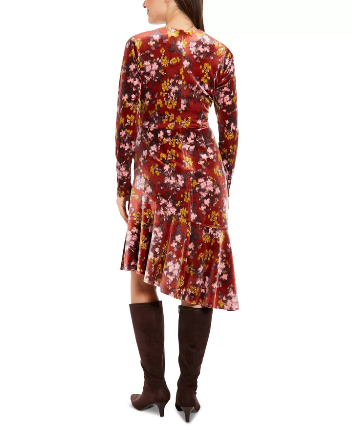London Times Women's Floral Velvet Asymmetric Dress MSRP $99