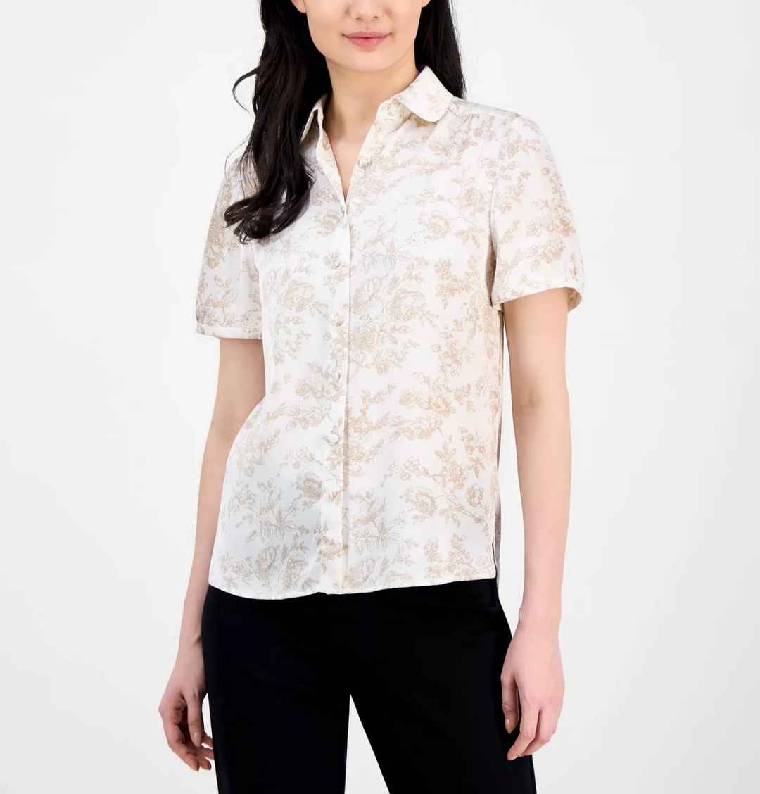 Anne Klein Women's Floral-Print Short-Sleeve Collared Blouse MSRP $79
