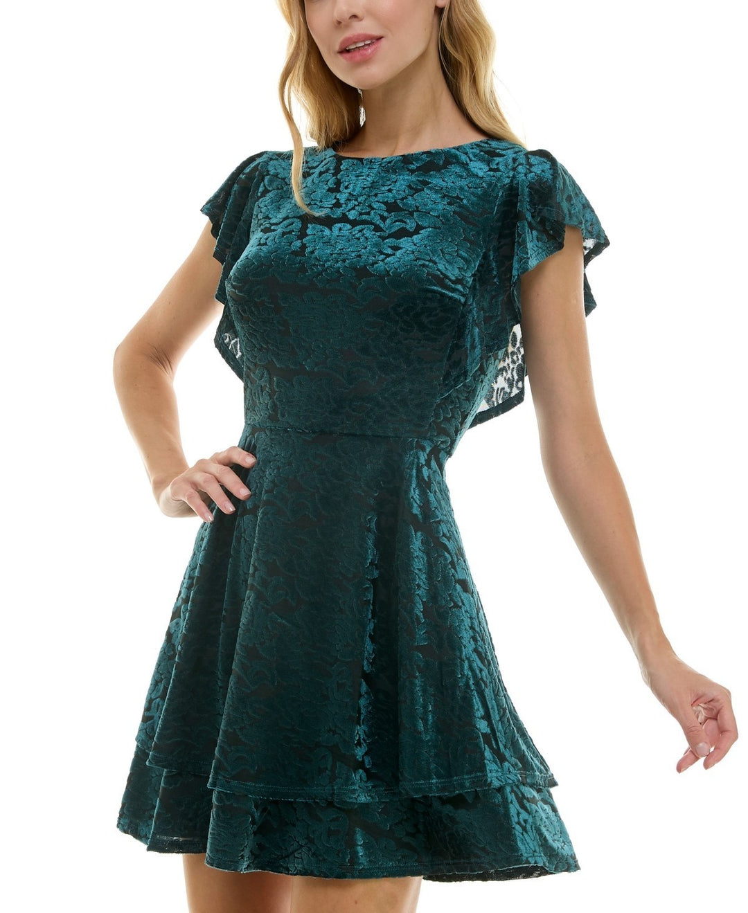 Crystal Doll Juniors' Burnout Velvet Flutter-Sleeve Dress MSRP $59