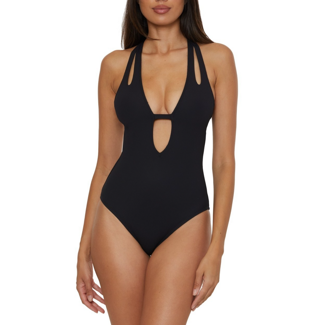 Becca Modern Edge Textured Plunging-Neck Swimsuit MSRP $98