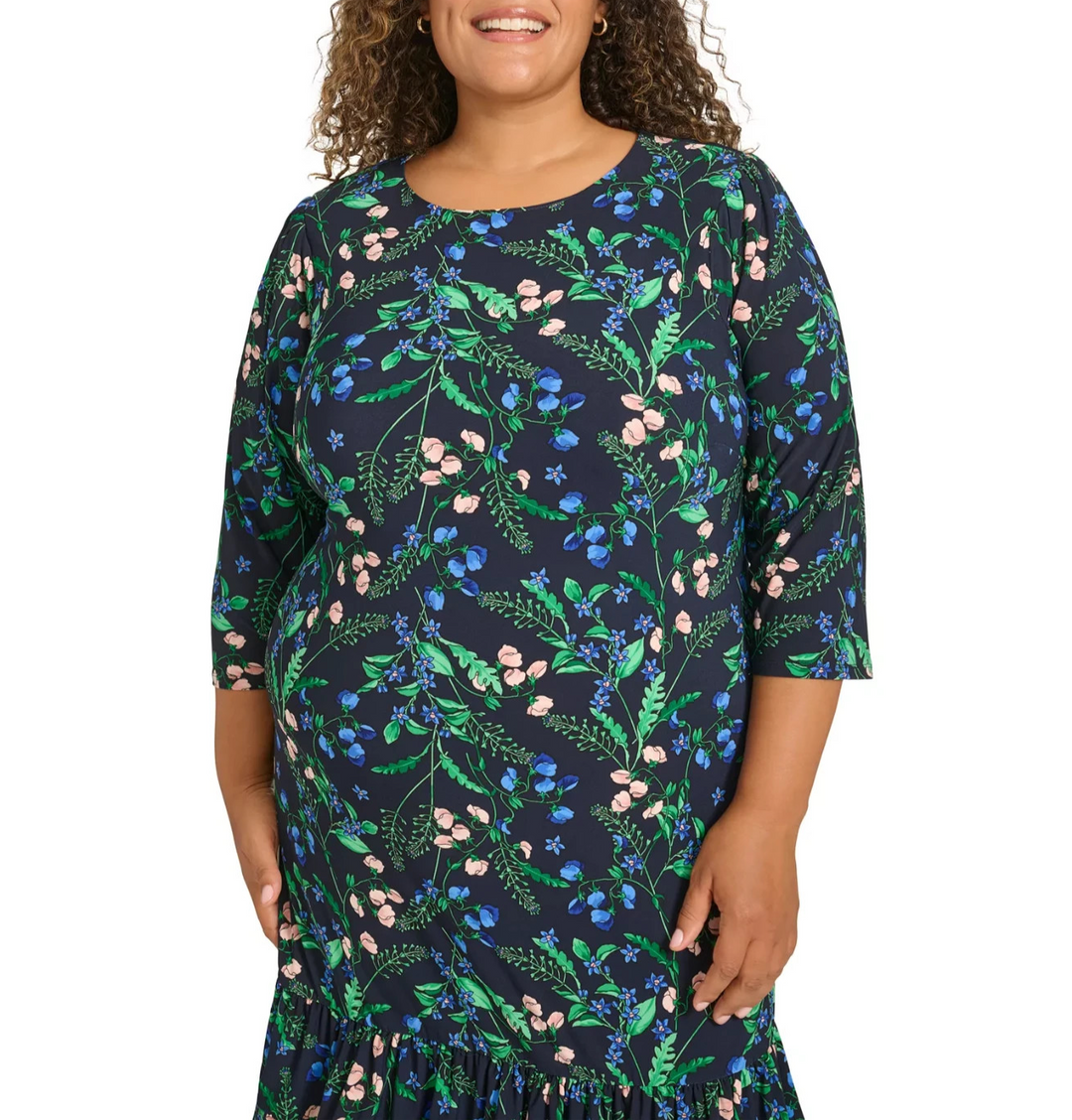 Tommy Hilfiger Plus Size Printed Round-Neck Ruffle-Hem Dress MSRP $109