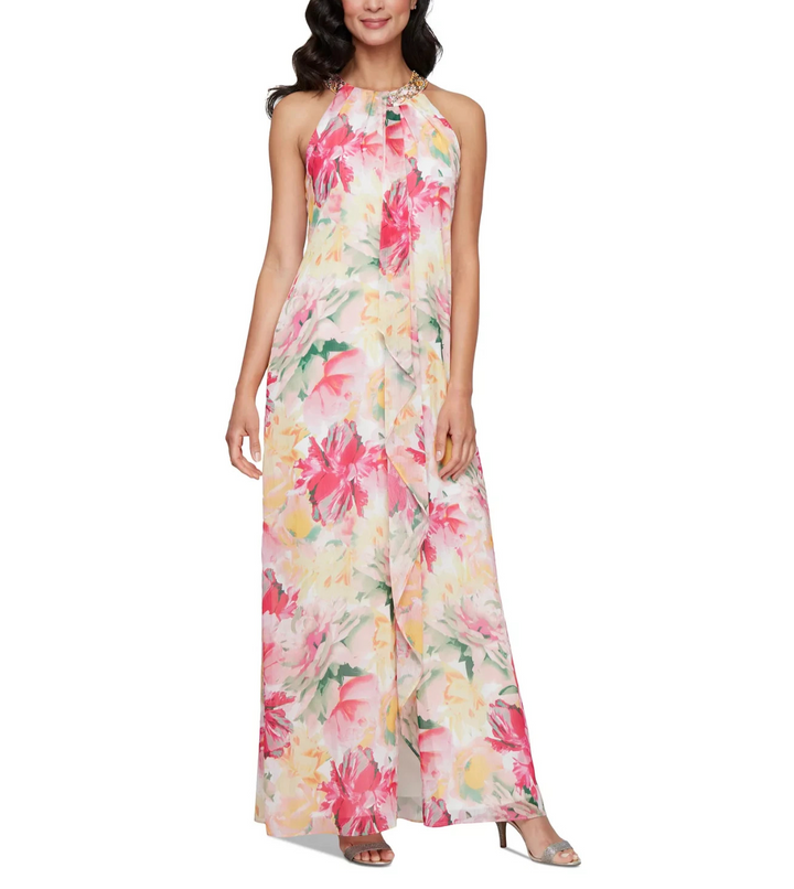 SL Fashions Women's Floral-Print Beaded Halter Gown MSRP $139