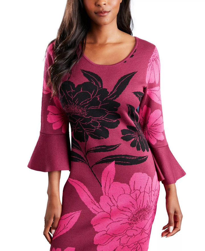 London Times Women's Floral-Print Flared-Sleeve Sweater Dress MSRP $79