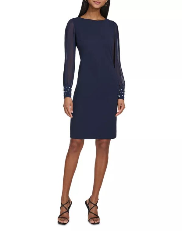 KARL LAGERFELD PARIS Scuba Crepe Chiffon Sleeve Sheath Dress MSRP $138
