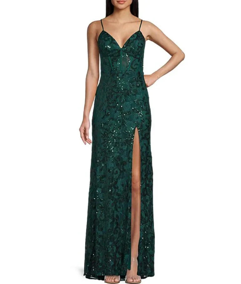 Blondie Nites Juniors' Sequined Lace Corset Gown MSRP $169