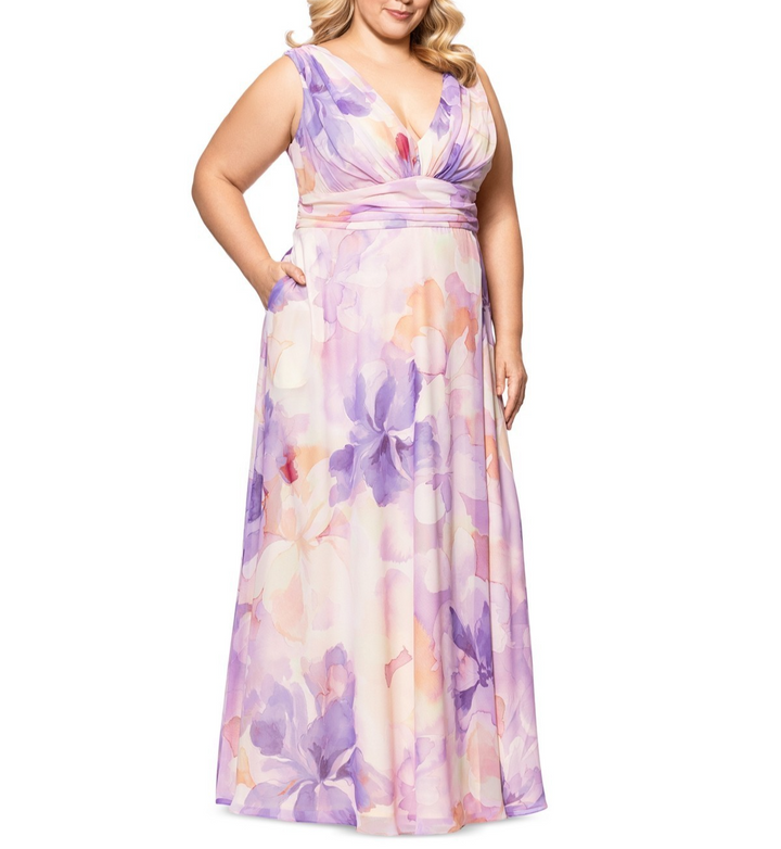 Betsy & Adam Plus Size Sleeveless V-Neck Floral Dress MSRP $279