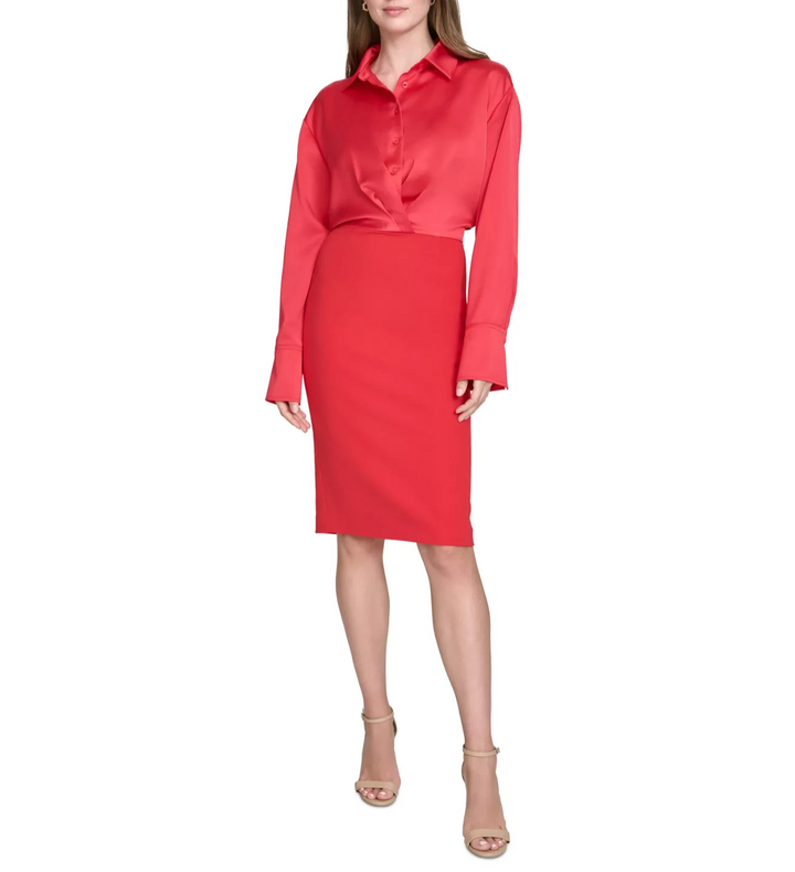 Halston Women's Mixed Media Collared Long-Sleeve Dress MSRP $139