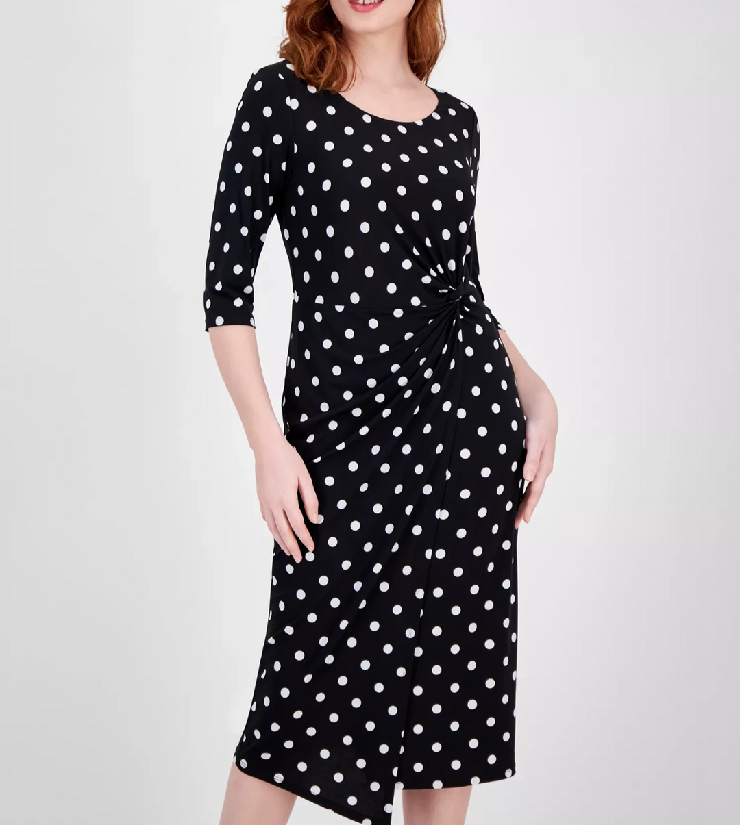 Connected Women's Dot-Print Faux-Wrap 3/4-Sleeve Midi Dress MSRP $79