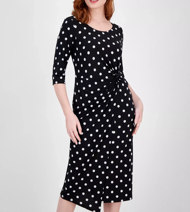 Connected Women's Dot-Print Faux-Wrap 3/4-Sleeve Midi Dress MSRP $79