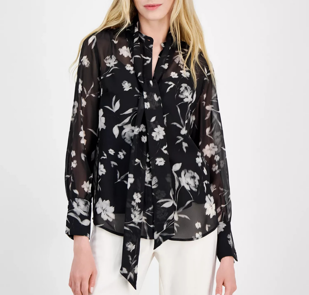 Anne Klein Women's Floral-Print Tie-Neck Blouse MSRP $99