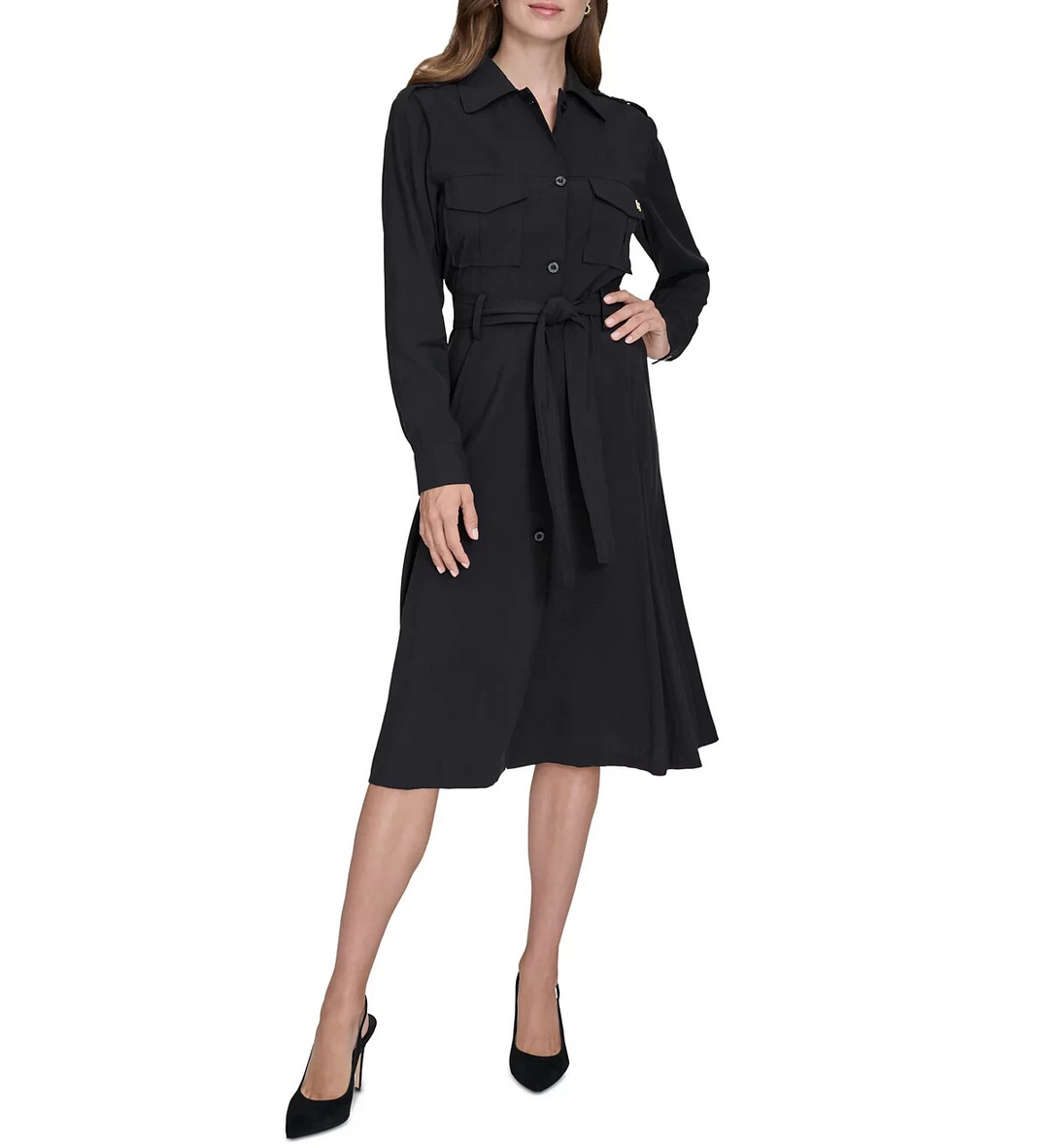 Halston Button-Front Flared Trench Dress MSRP $139