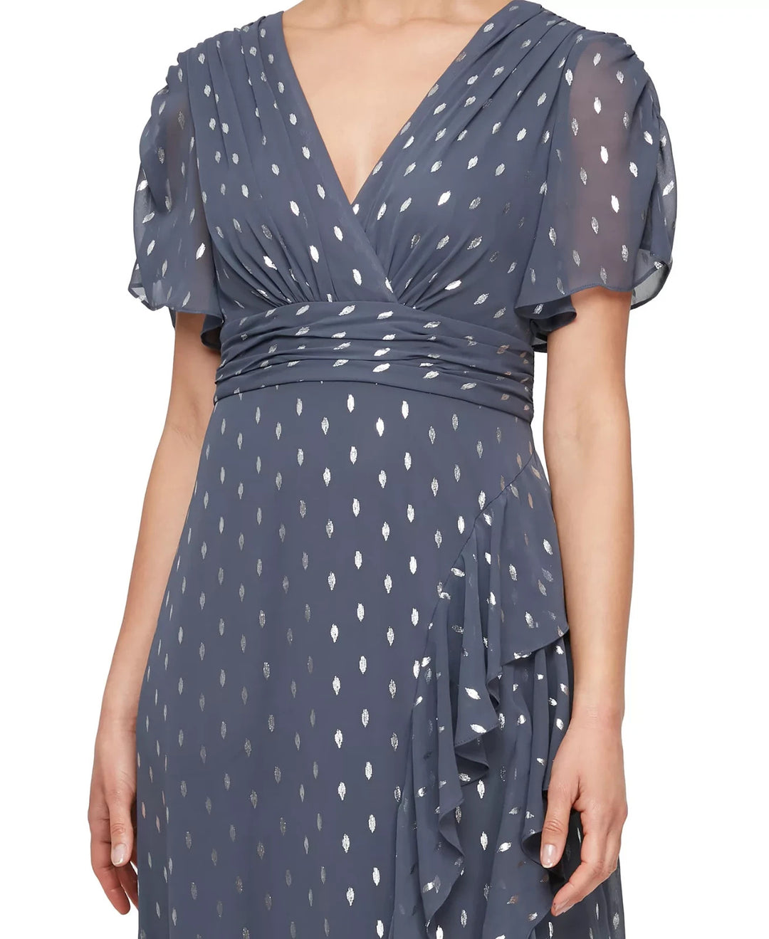 SL Fashions Foil-Print V-Neck Ruffle-Trim A-Line Dress MSRP $149