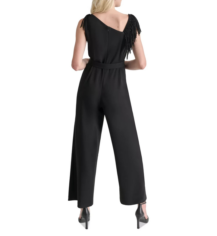 DKNY Women's Asymmetric-Neck Fringe-Trim Jumpsuit MSRP $149