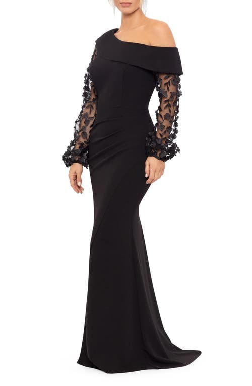 XSCAPE Off-The-Shoulder Floral-Sleeve Scuba Crepe Gown MSRP $299