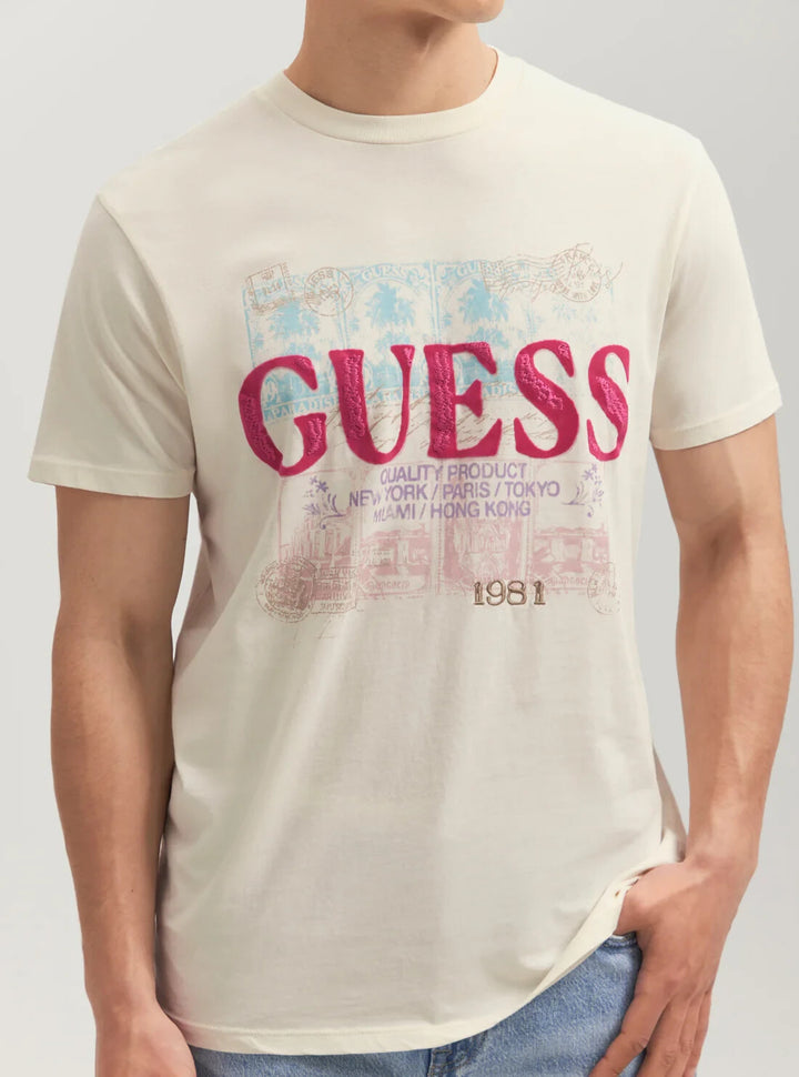 GUESS MEN Eco Beige World Stamps T-shirt MSRP $39 Size XXL