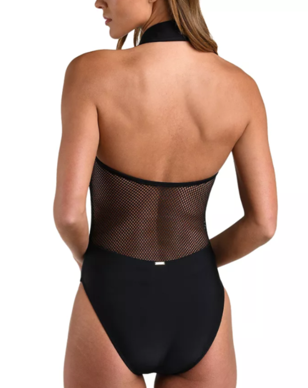 L'AGENCE Natalya Collared Mesh Solid One Piece Swimsuit MSRP $280