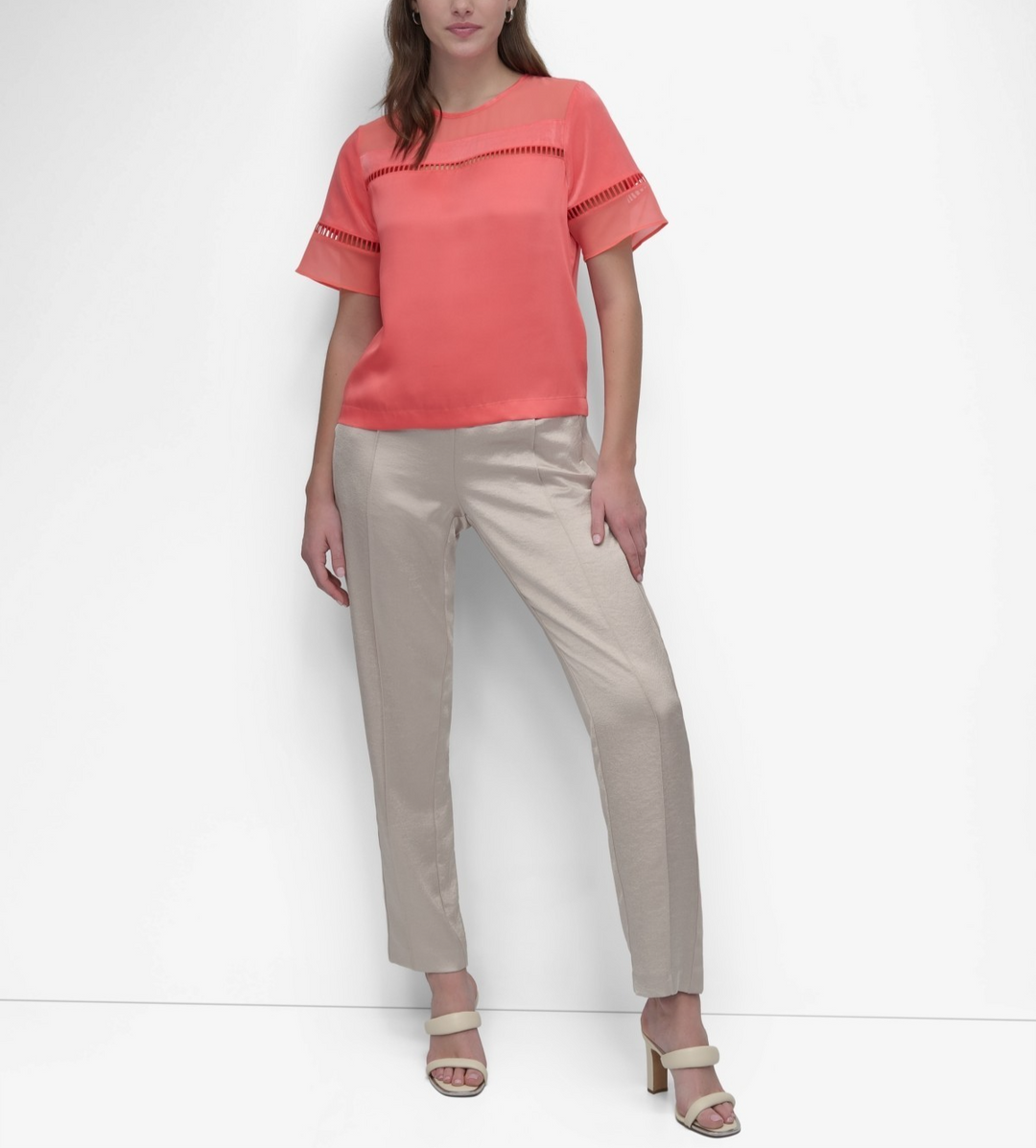 DKNY Women's Crewneck Ladder-Lace-Inset Short-Sleeve Top MSRP $69