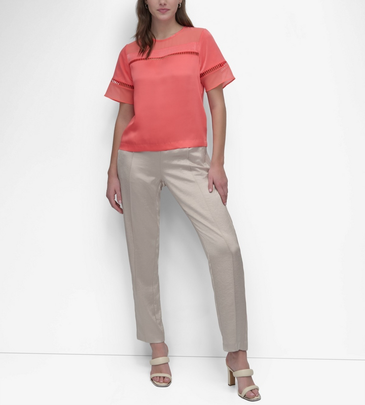 DKNY Women's Crewneck Ladder-Lace-Inset Short-Sleeve Top MSRP $69