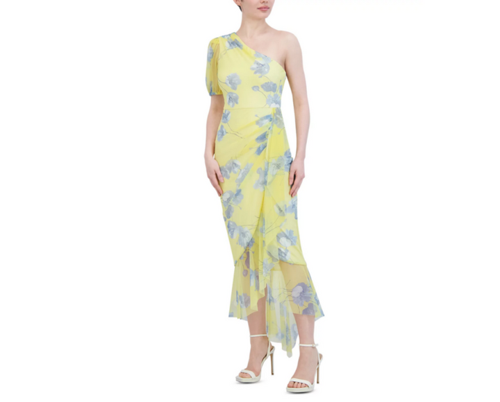BCBGMAXAZRIA One Shoulder Puff Sleeve Printed Dress MSRP $298