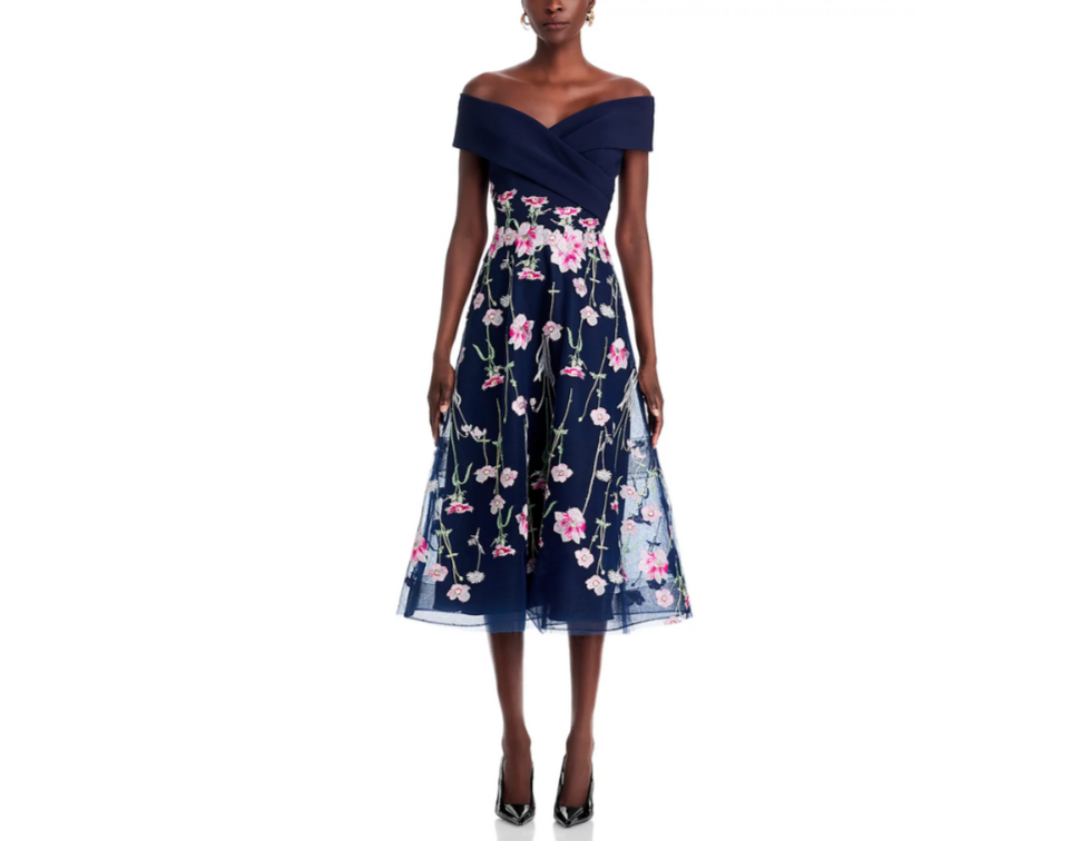 Teri Jon by Rickie Freeman Crepe Off-the-Shoulder Embroidered Tulle Dress $660