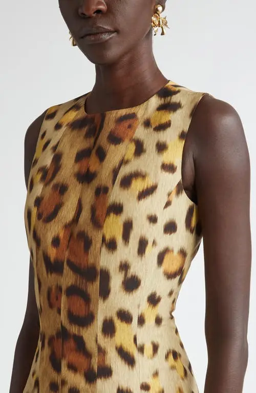 Oscar de la Renta Jaguar Print Pleated Faille Cocktail Dress MSRP $3690