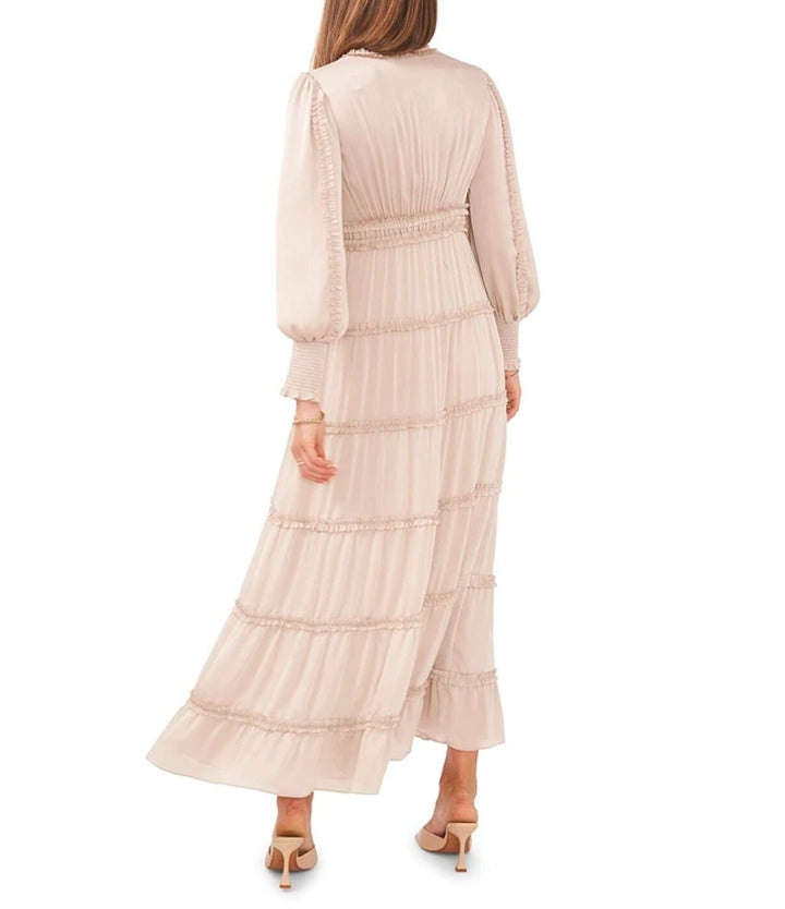 CeCe Long Sleeve Plisse Ruffle Satin Maxi Dress MSRP $149