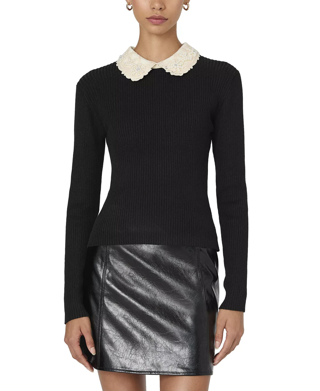 French Connection Mozza Embellished Cotton Knit Top MSRP $158