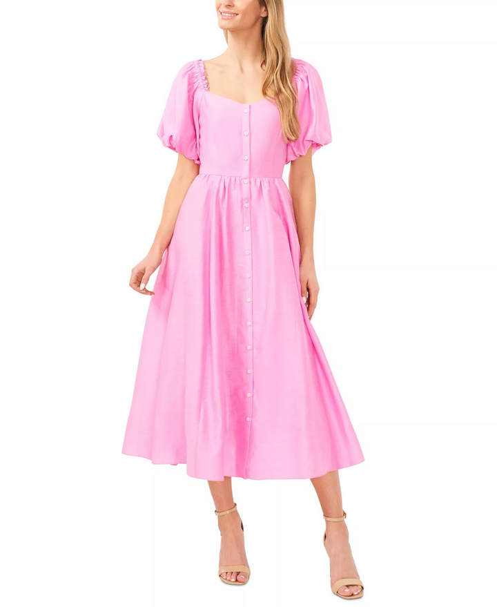 CeCe Women's Puff Sleeve Button Front Midi Dress MSRP $129
