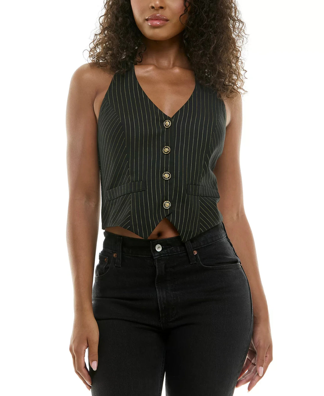 Alex & Sophia Juniors' Metallic Pinstripe Button-Front Halter Vest MSRP $49