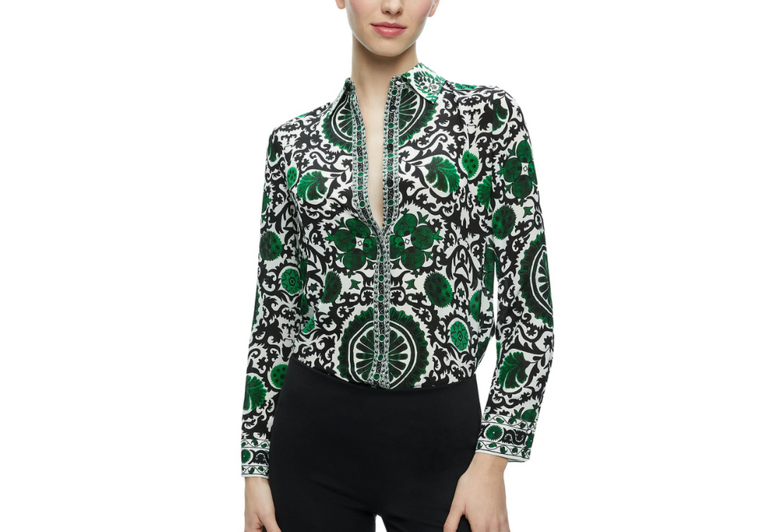 Alice and Olivia Willa Silk Printed Blouse MSRP $350