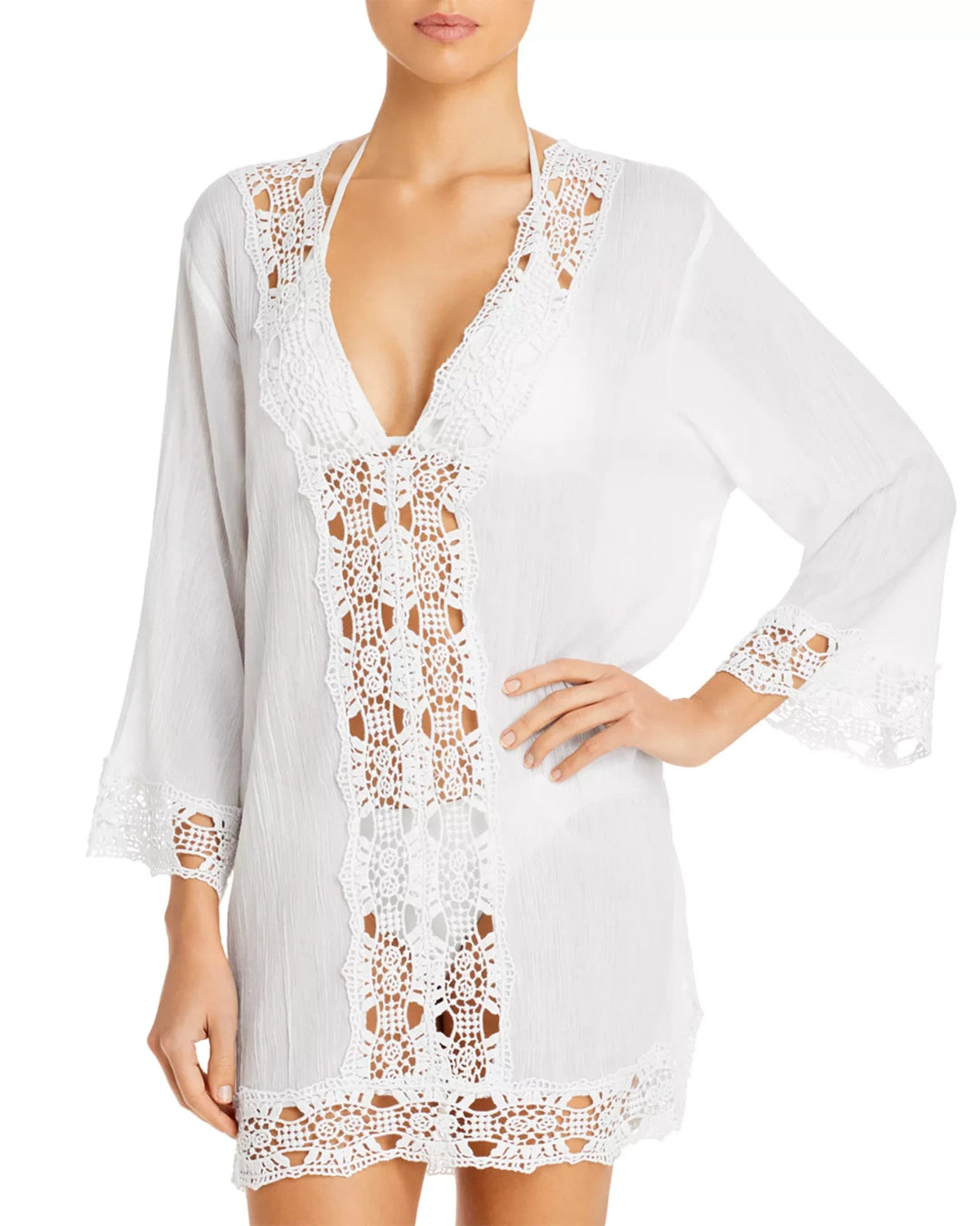La Blanca Island Fare Crocheted Lace Trim Tunic Swim Cover-Up MSRP $103