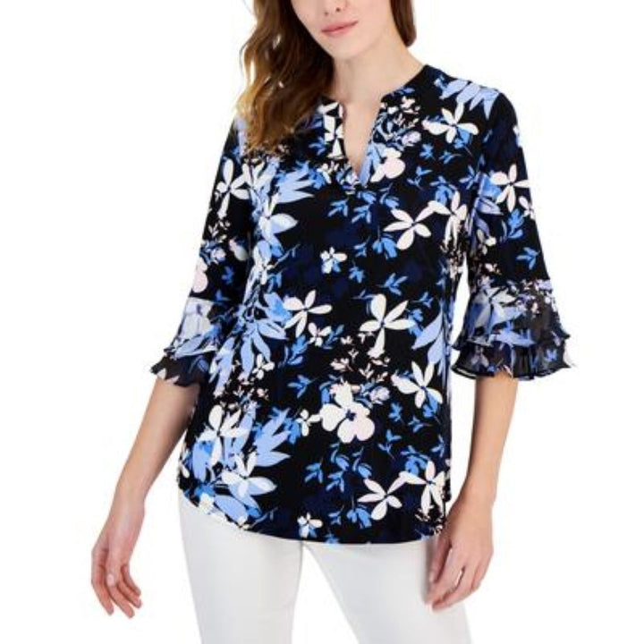 Kasper Printed Split-Neck Flutter-Sleeve Tunic MSRP $69